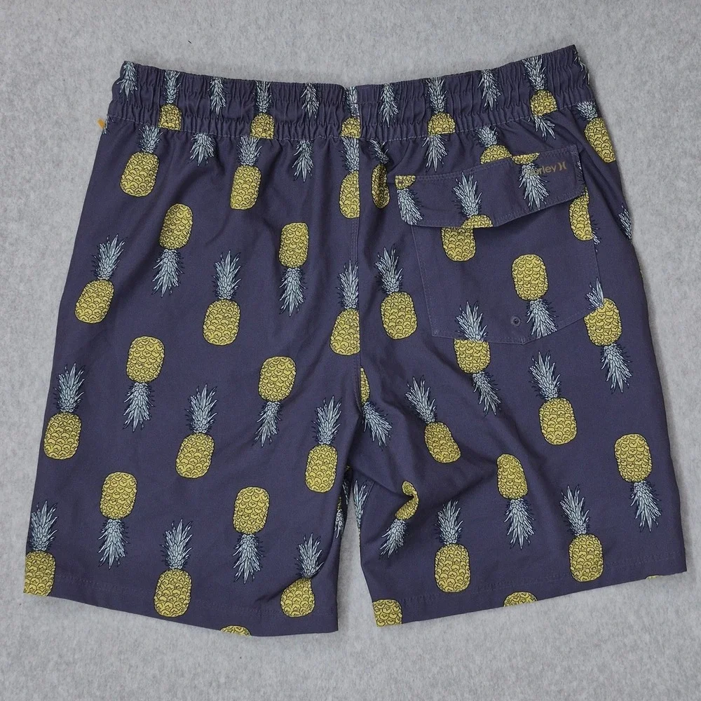 Hurley Men Swimwear MEDIUM Purple Embroidered Swim Trunks Graphic Pineapples